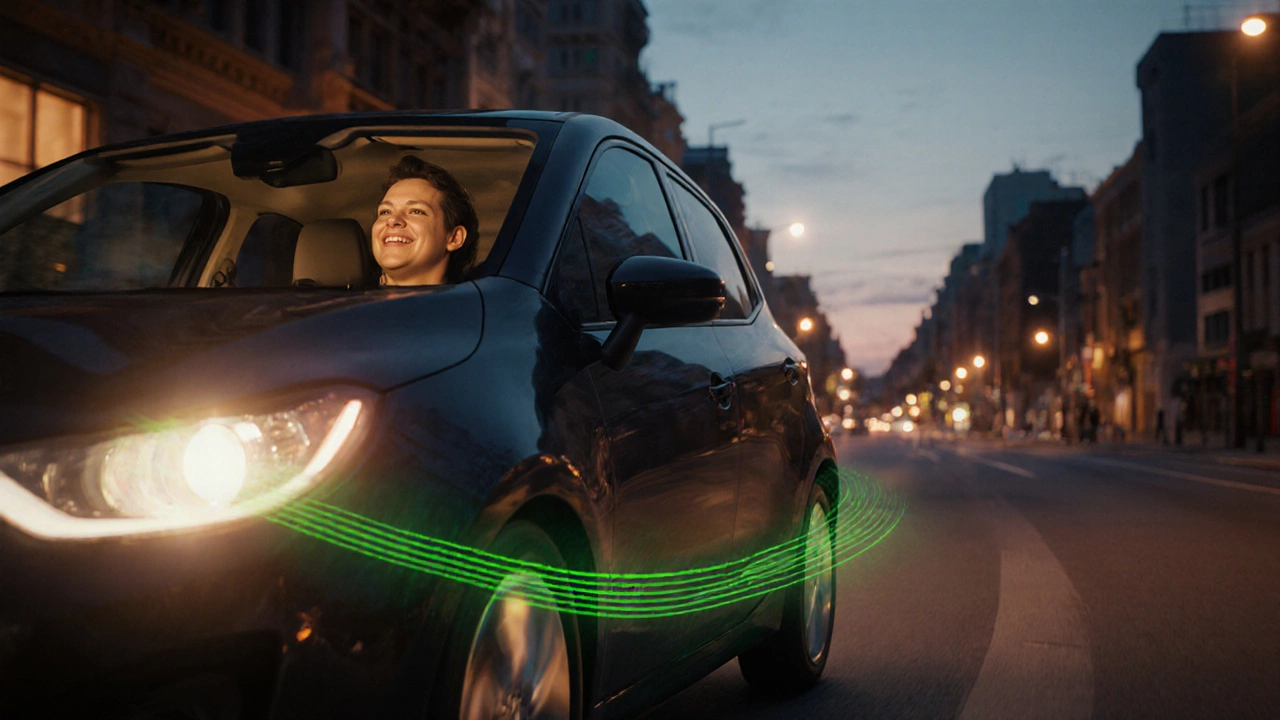 Автомобиль в городе, водитель наслаждается тихой поездкой на органических колодках при сумерках.