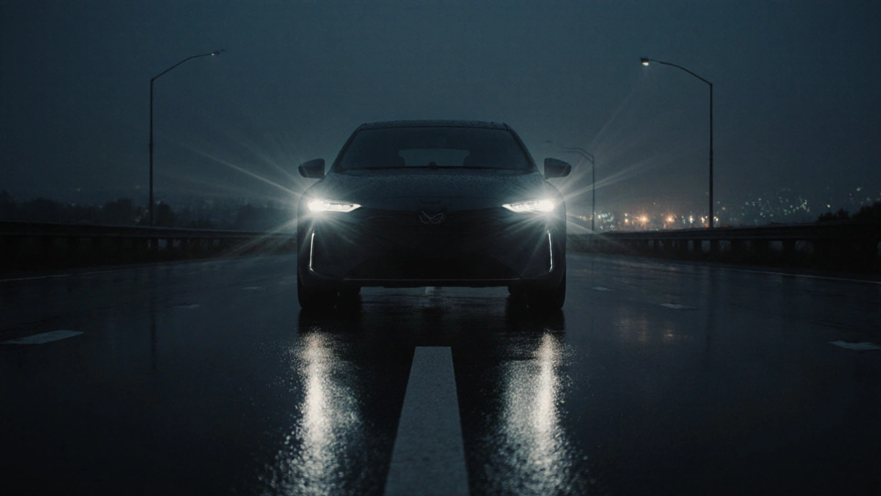 Ночной автомобиль с правильно отрегулированным LED‑ближним светом, освещающим дорогу.