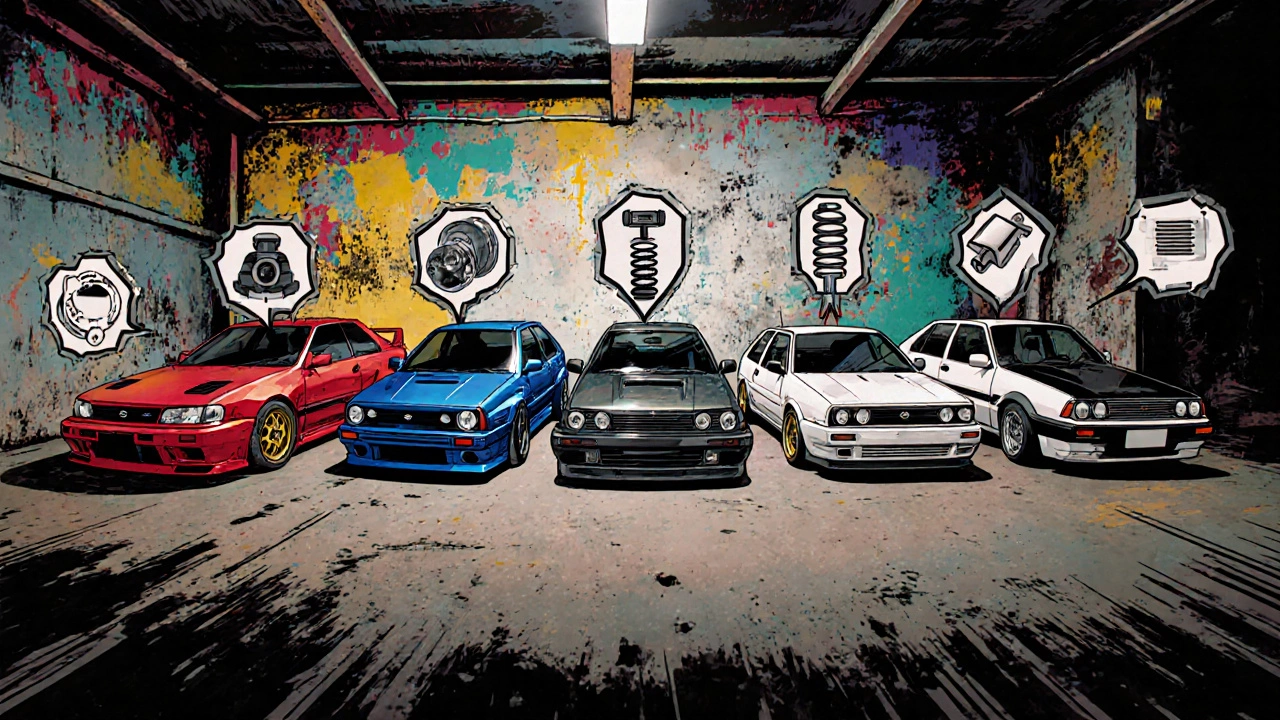 Пять известных моделей — GT‑R, WRX, GTI, Evolution и AE86 — стоят рядом, каждая с графическими иконками типичных доработок.