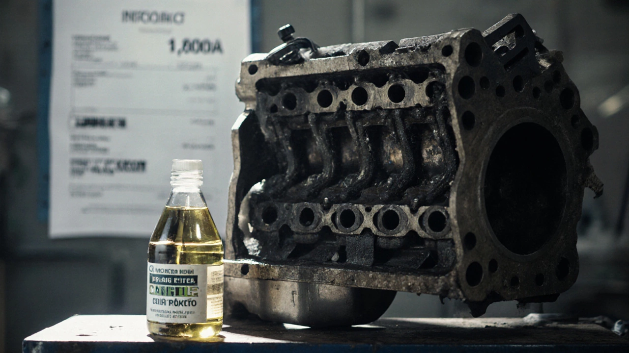 Разобранный двигатель с чёрными отложениями и двумя ценниками: замена масла и капитальный ремонт.