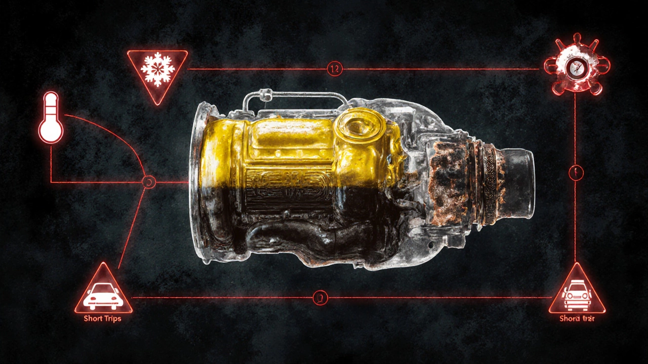 Схема эволюции моторного масла от чистого до грязного осадка с символами зимы и коротких поездок.