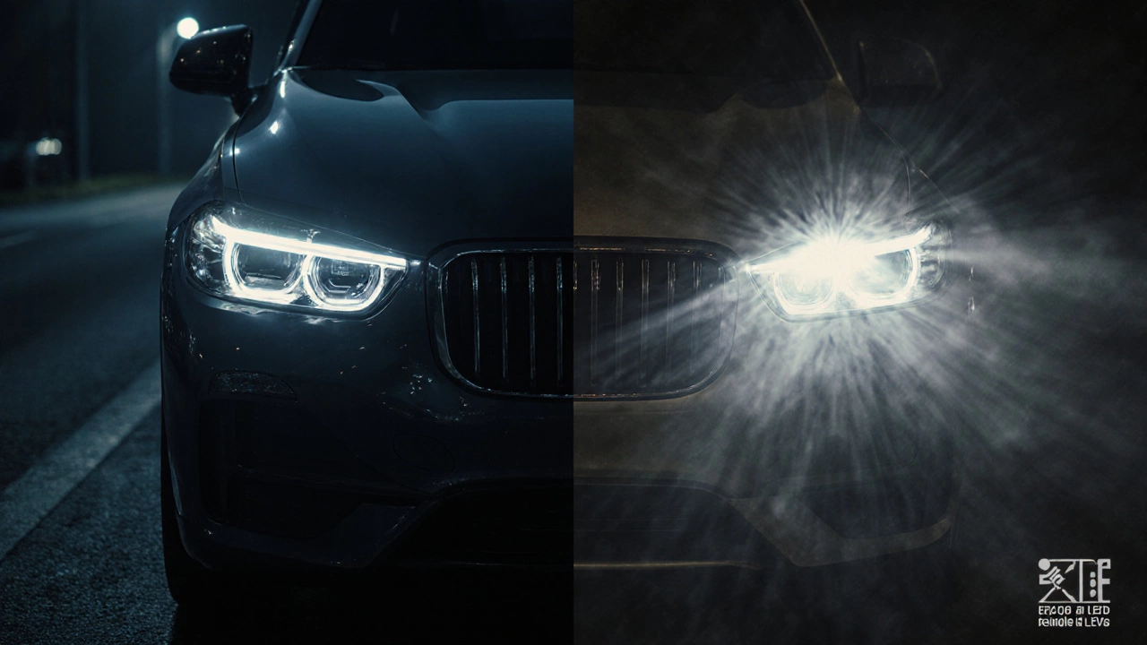 Сравнение: правильная светодиодная фара с проектором и неправильная в рефлекторе, разница в свете.