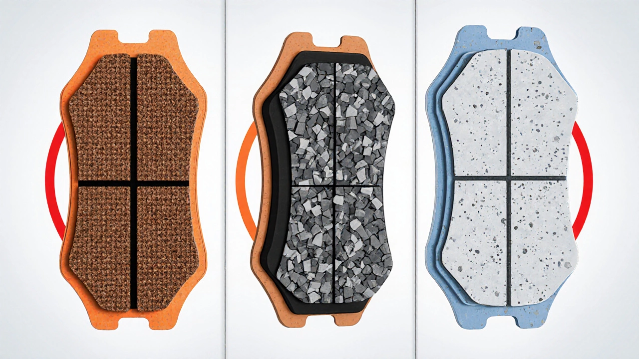 Три разных тормозных колодки (органические, полуметаллические, керамические) рядом, показывающие материал и тепловые пределы.