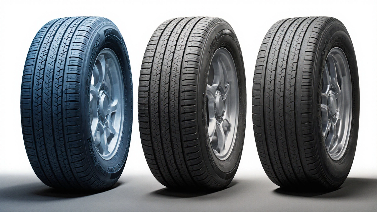 Три шины рядом: зимняя с символом снежинки, всесезонная и M+S, показывающие различный протектор.