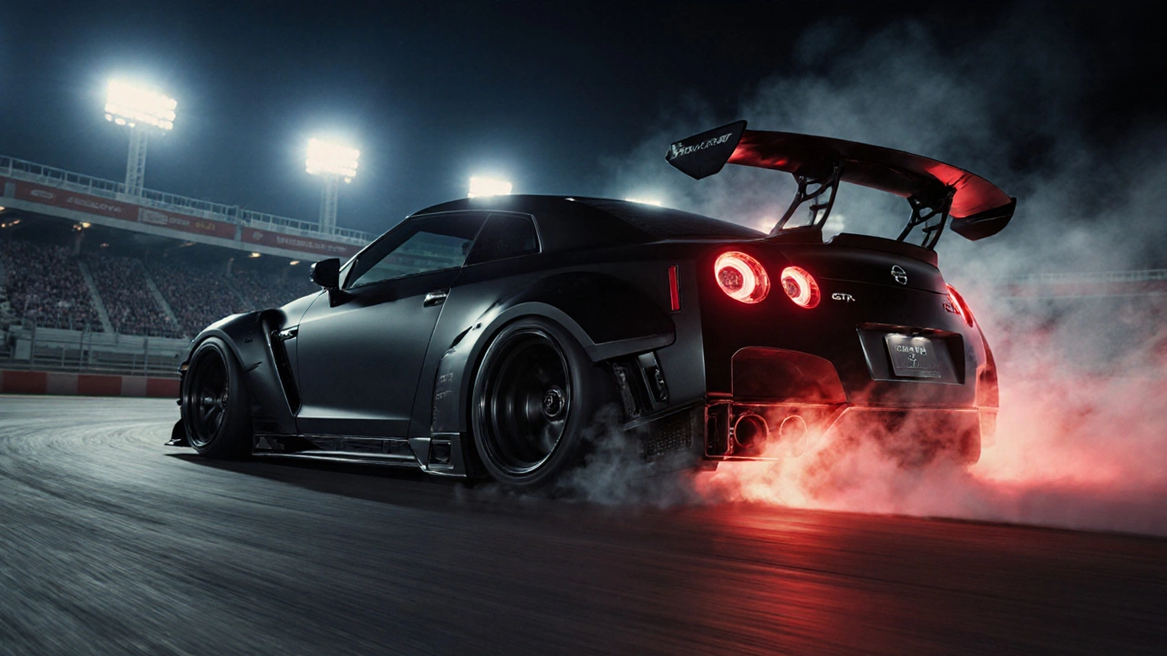 Тюненный Nissan GT‑R мчится по ночной трассе, оставляя светящиеся следы и дым.