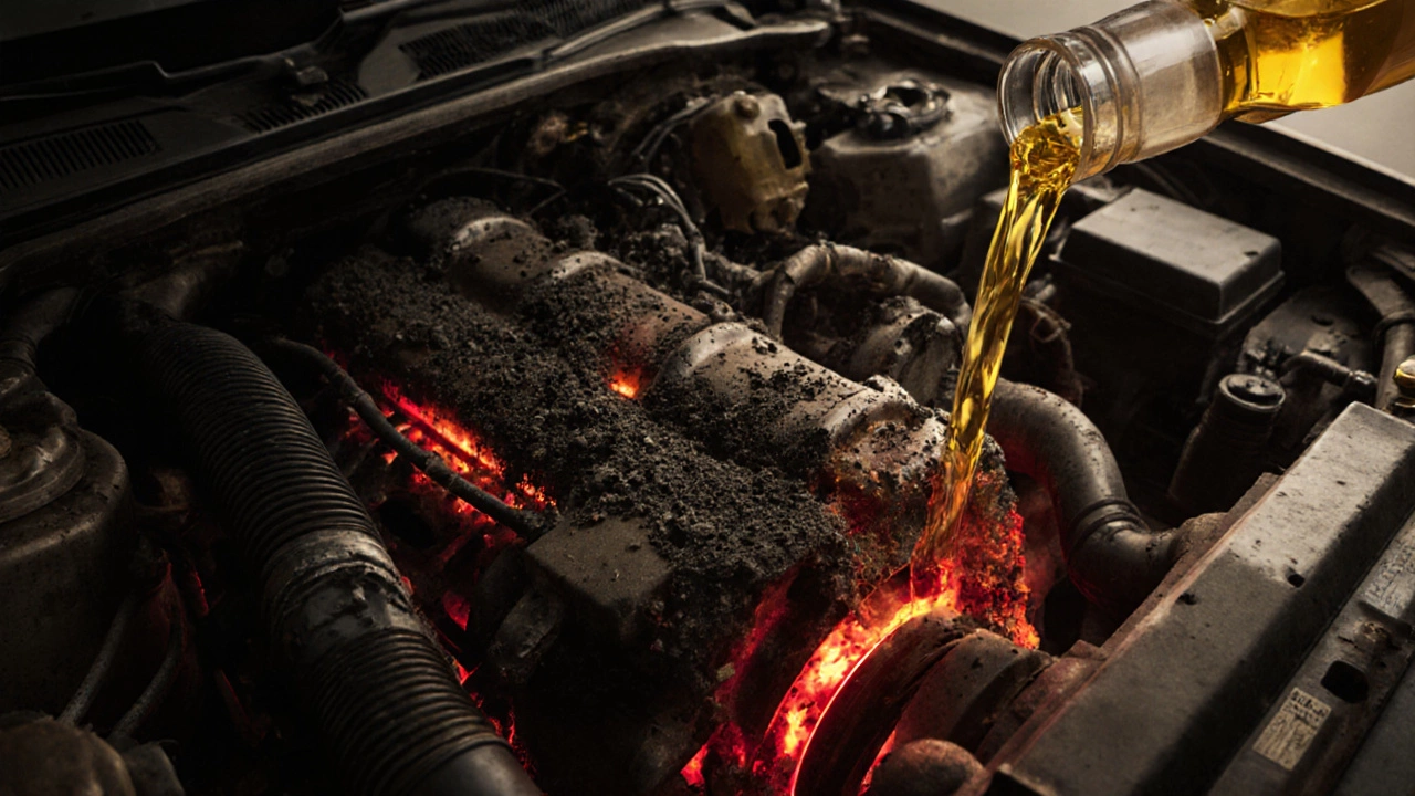 Внутри двигателя темное загрязненное масло против светлого чистого, с визуализацией перегрева и износа.