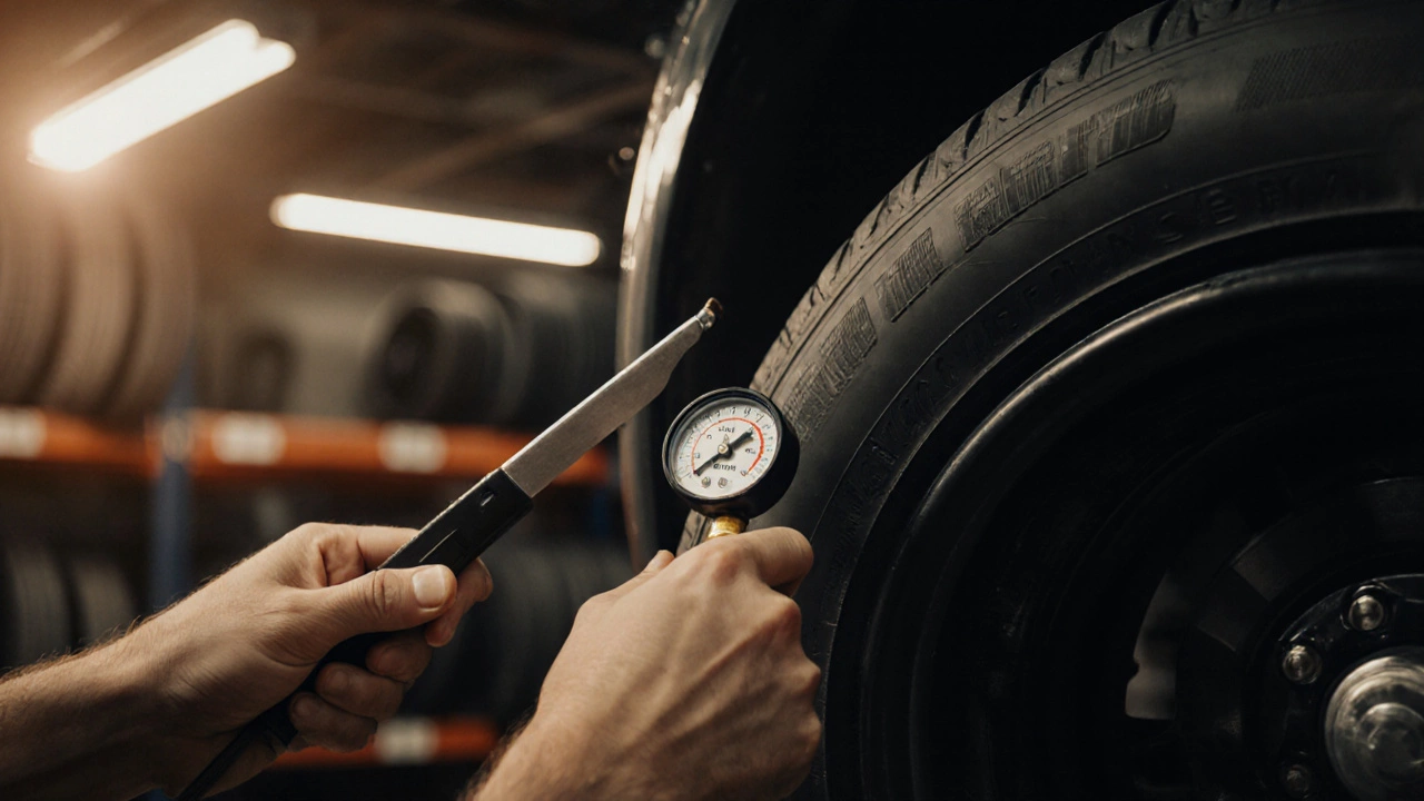 Водитель в гараже проверяет шину, измеряя давление и изучая маркировку DOT.