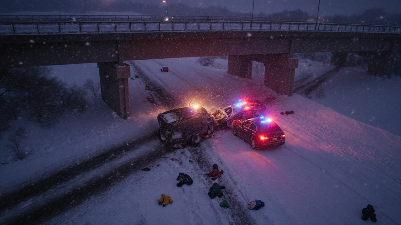 Авария на заснеженном мосту с мигающими огнями машин скорой помощи и поврежденными автомобилями.