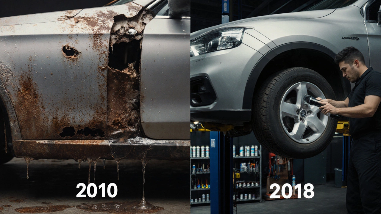 Две машины рядом: одна сильно проржавела, другая с скрытой коррозией, которую проверяют специалисты.