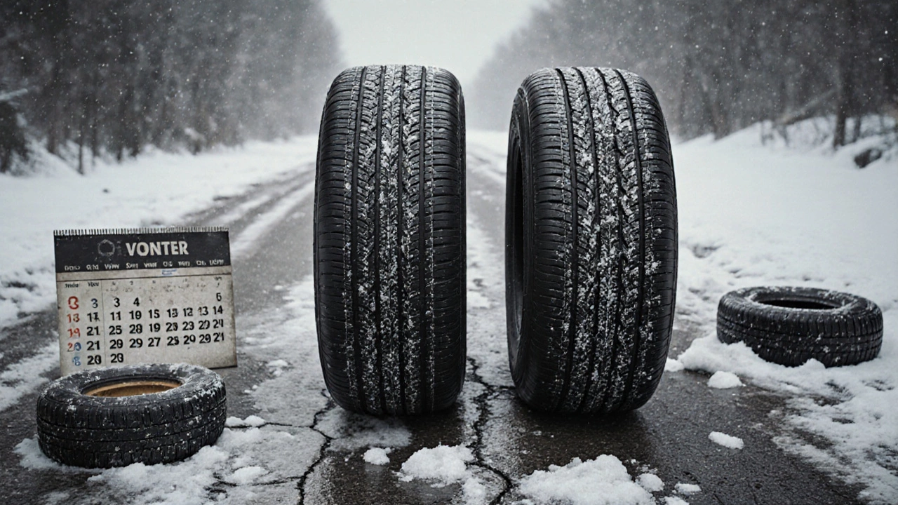 Две зимние шины: новая и изношенная, на солёной дороге с крошкой.