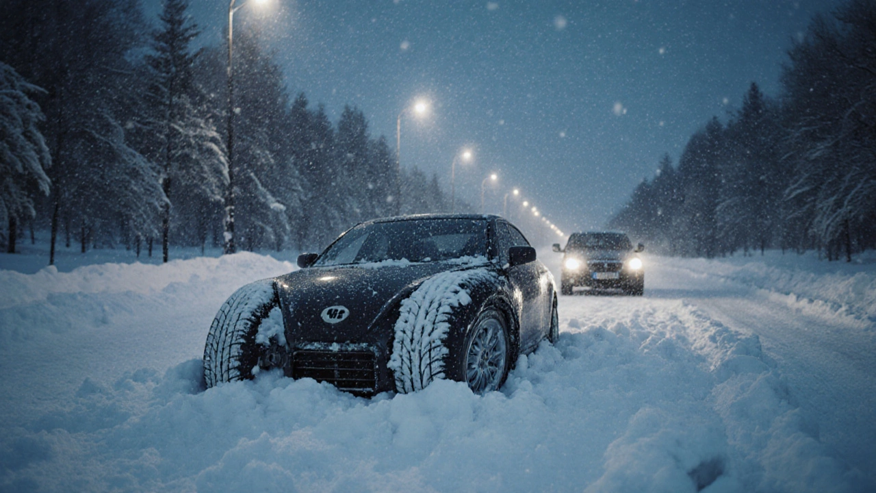Машина застряла в снегу с шинами M S, рядом проезжает безопасная машина