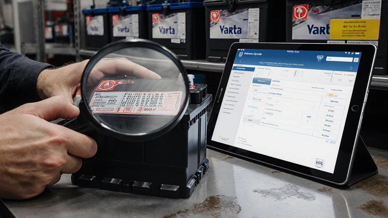 Механик изучает маркировку на аккумуляторе с лупой, рядом — планшет с подбором по VIN.