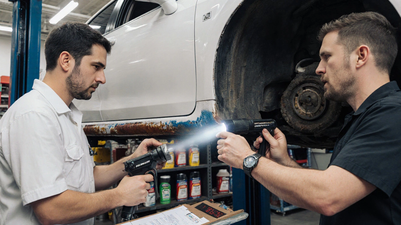 Механик наносит антикоррозийное покрытие на днище Toyota Camry в мастерской с инструментами и продуктами.