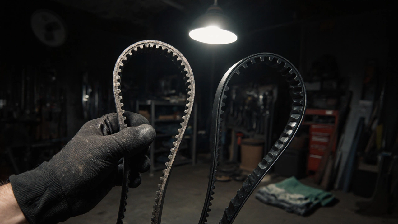Механик сравнивает старый и новый ремень ГРМ под ярким светом