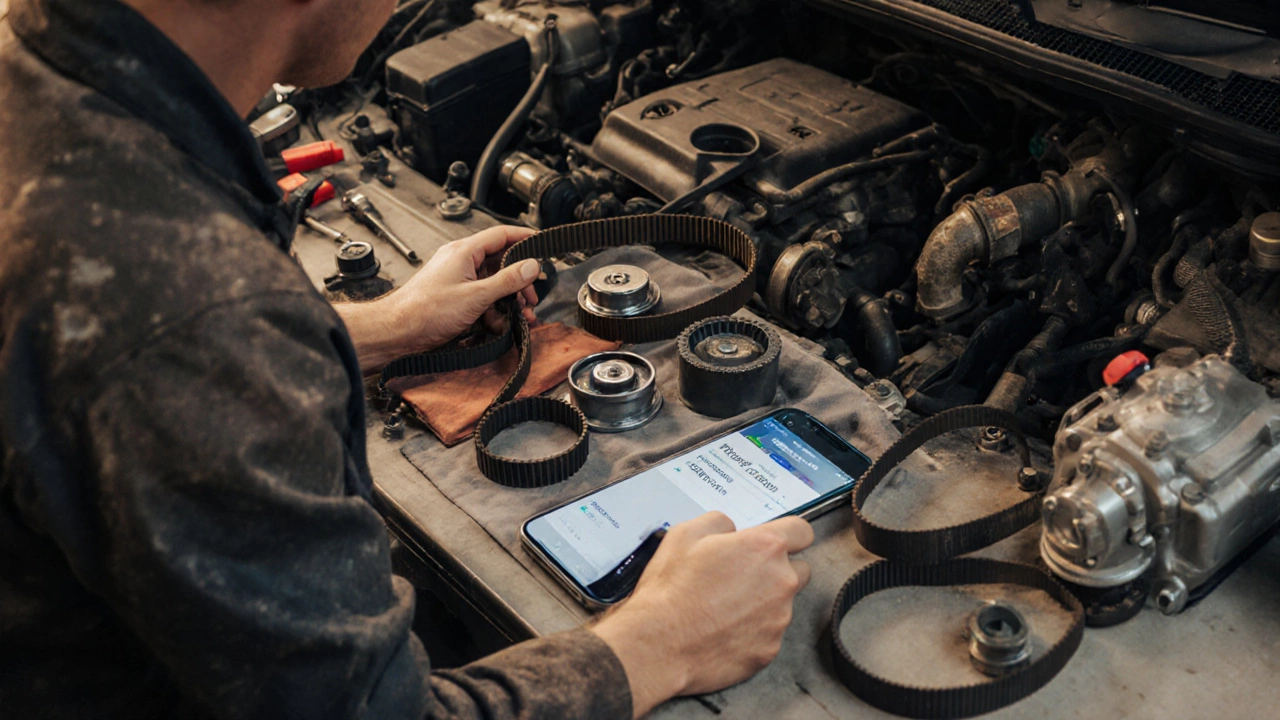 Механик заменяет ремень ГРМ с комплектующими в автосервисе, на телефоне — напоминание.