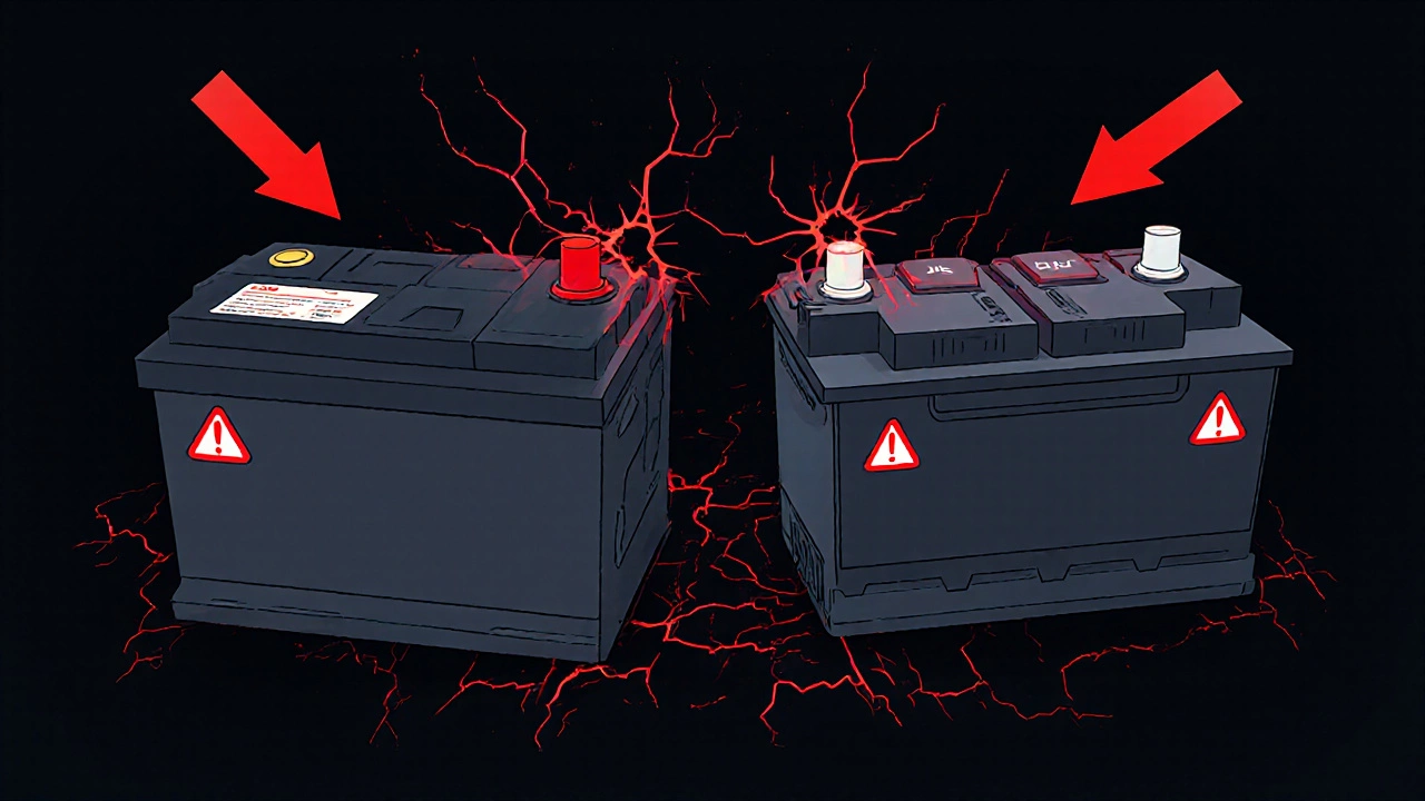 Несовместимые аккумуляторы в чужих автомобилях с трещинами и предупреждающими стрелками.