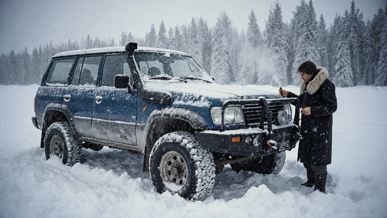 Nissan Patrol Y61 в снежной буре в Сибири, механик проверяет масло.