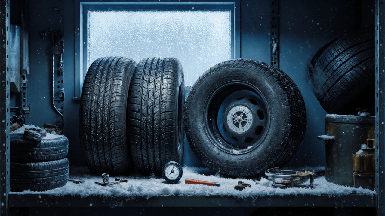 Полка в гараже с изношенными всесезонными и новыми зимними шинами, виден символ 3PMSF.