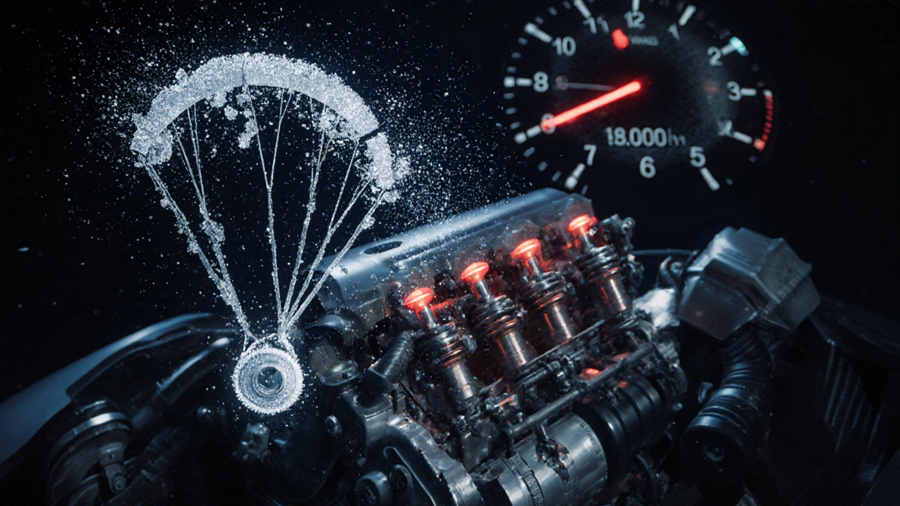 Разорванный ремень ГРМ в виде парашюта над поврежденным двигателем с изогнутыми клапанами.