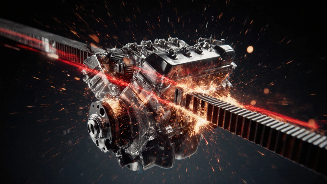 Разорванный ремень ГРМ внутри двигателя, вызывающий повреждение клапанов и поршней