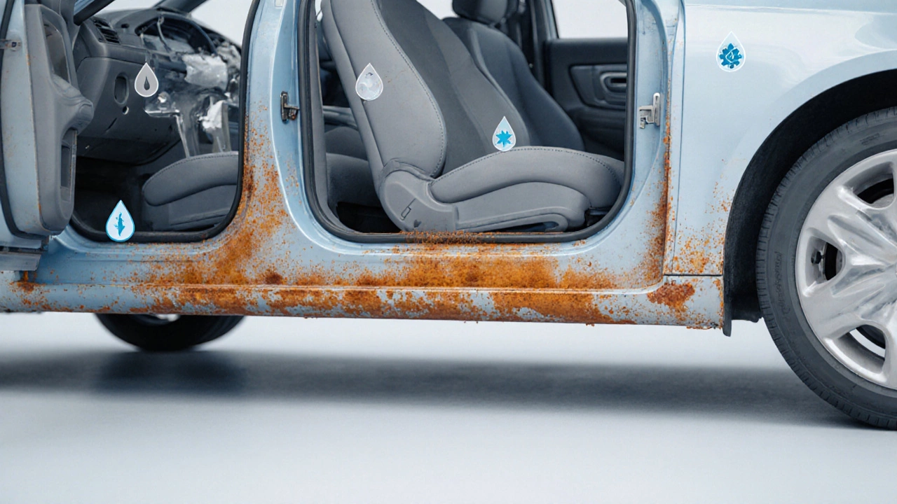 Разрез автомобиля, показывающий распространение ржавчины в несущих элементах кузова.