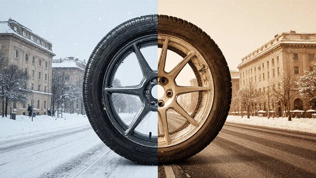 Разрез шины с неравномерным износом на фоне зимней и летней дороги.