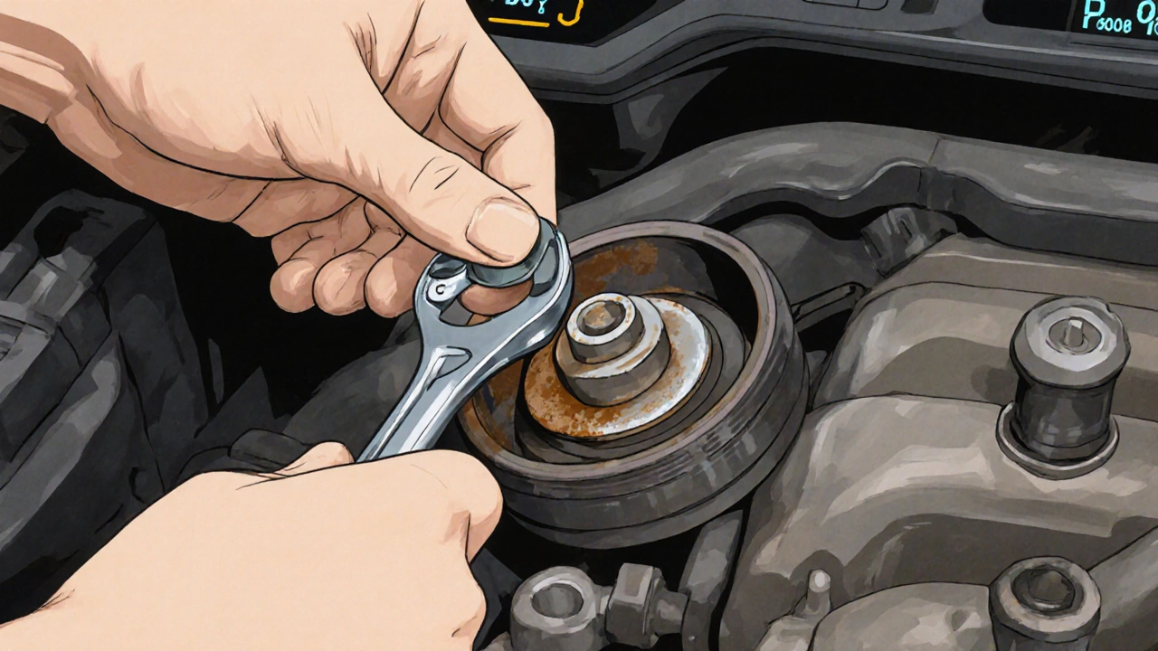 Руки проверяют натяжной ролик ГРМ, видны признаки износа и масляный след.