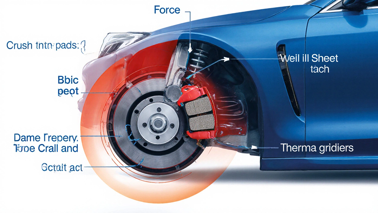 Схема распределения нагрузки при торможении: 70% веса на переднюю ось, передние тормоза работают интенсивно.