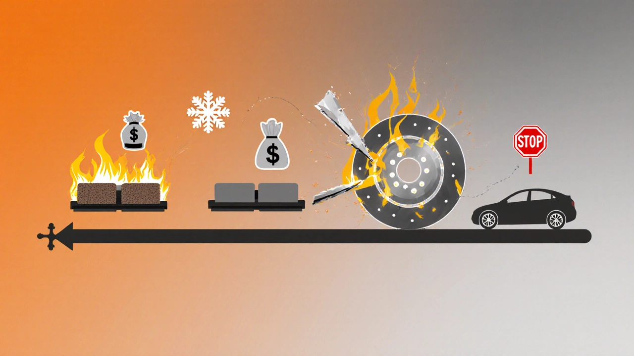 Схематичное изображение износа тормозных колодок с символами риска, стоимости и зимней опасности.