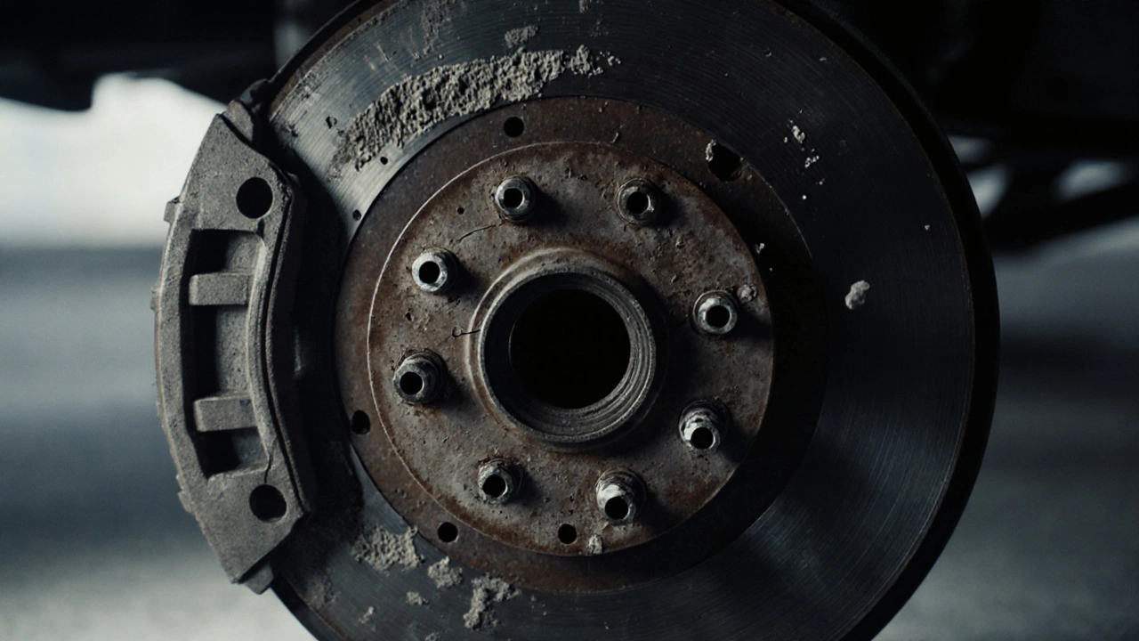 Сравнение изношенных и новых тормозных колодок: толщина 3 мм против 10 мм, видны трещины и стружка.