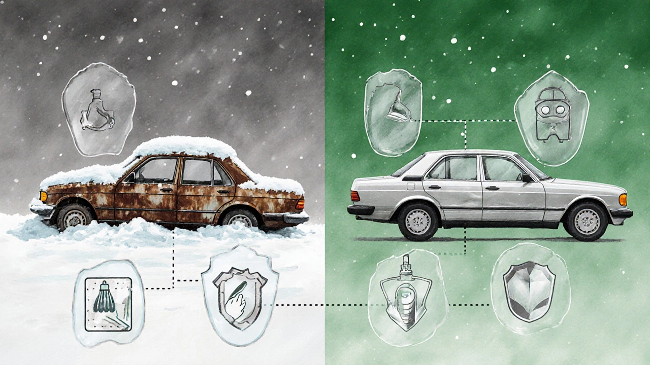 Сравнение старой ржавой машины и той же модели через 20 лет с защитными слоями, символизирующими уход.