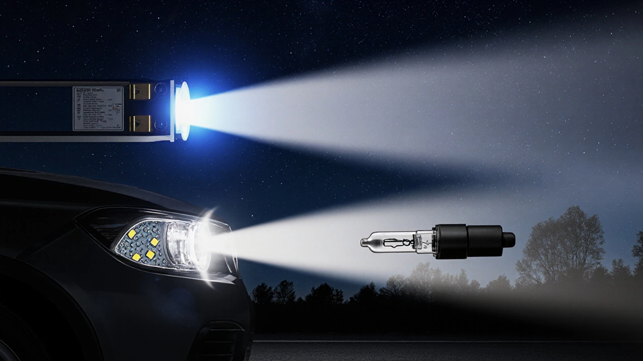 Сравнение технологий фар: лазер, светодиод и галогенка, показывающих разную дальность света.