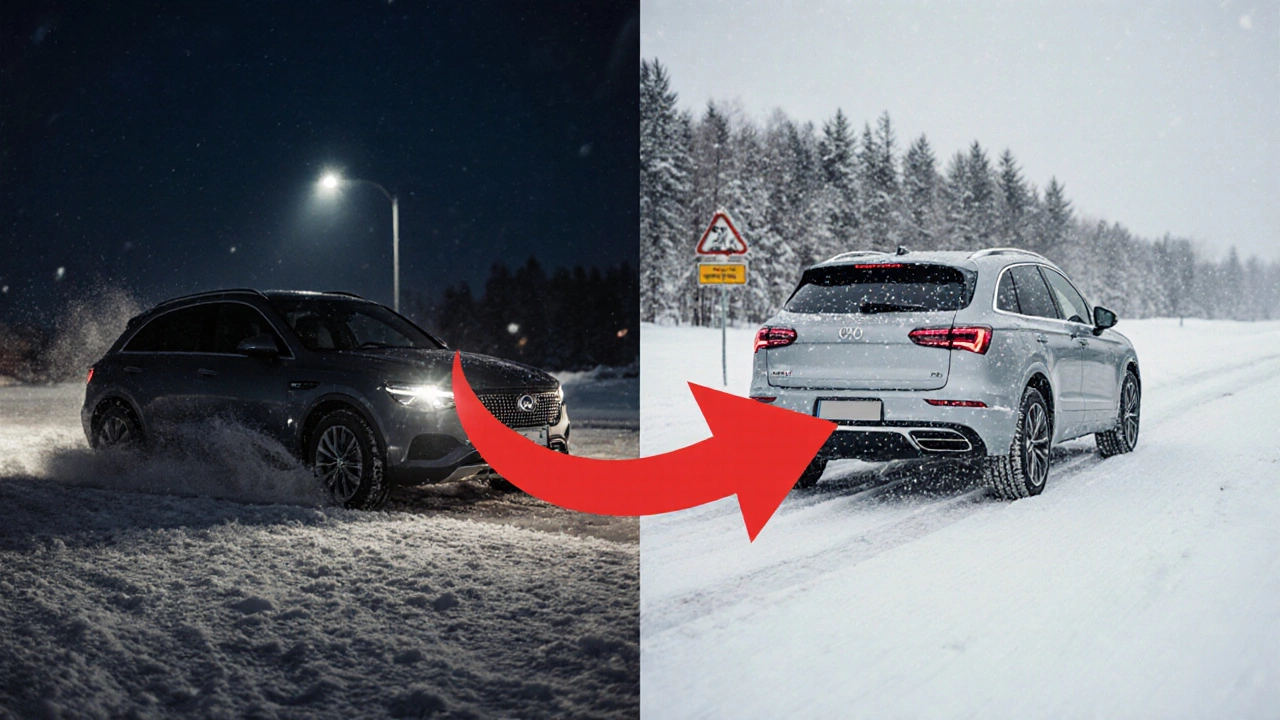 Сравнение тормозного пути: машина на льду с всесезонками и зимними шинами, разница в 14 метров.