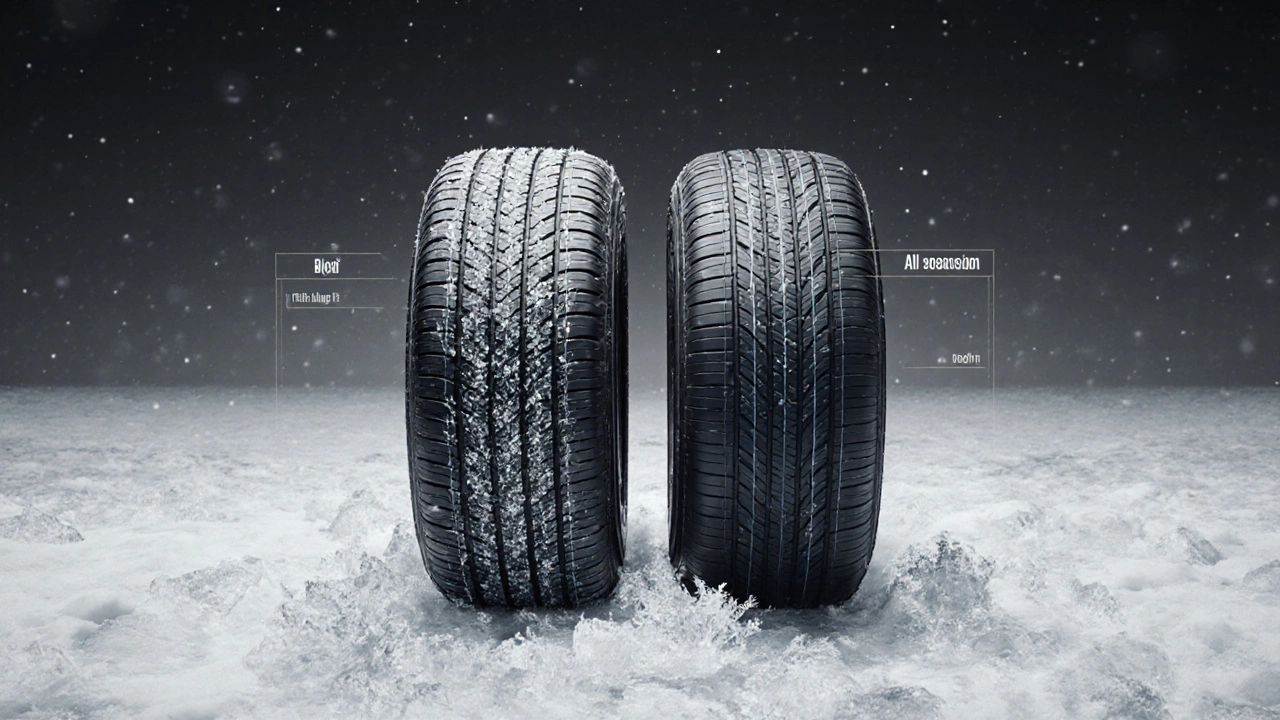Сравнение зимней и всесезонной резины на льду: одна цепляется, другая скользит.