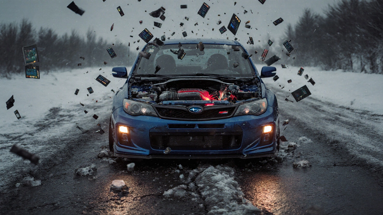 Subaru WRX STI с раскрытым капотом на льду, турбина светится, вокруг тают электронные детали.