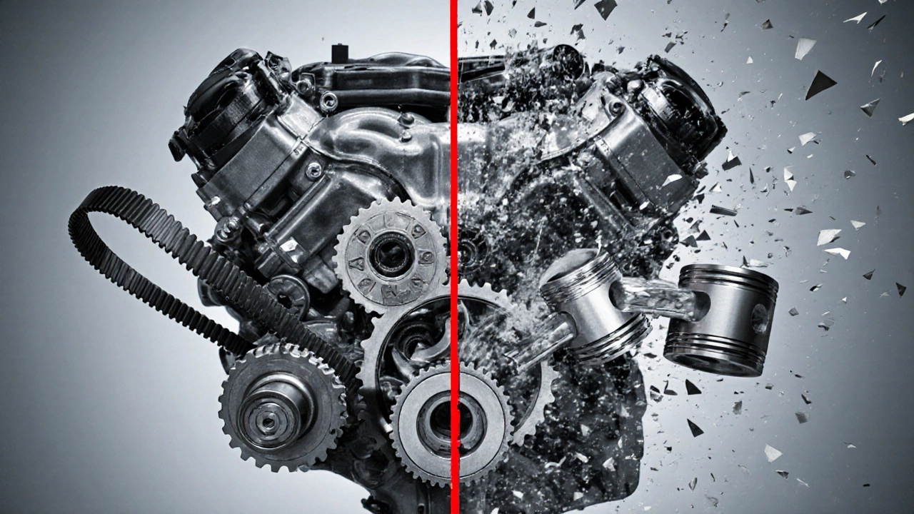 Внутреннее устройство двигателя: клапаны и поршни сталкиваются из-за обрыва ремня ГРМ.