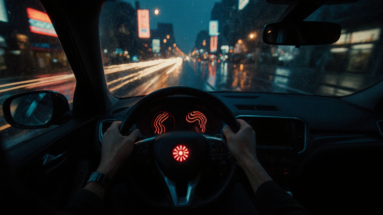 Водитель держит руль, который вибрирует при торможении, на панели горит предупреждение о тормозах.