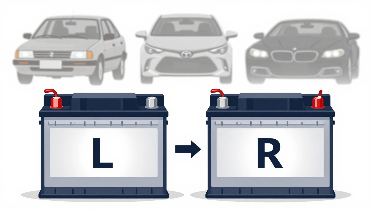 Два аккумулятора рядом: один с левыми клеммами (L), другой с правыми (R), вид спереди с указанием ориентации.