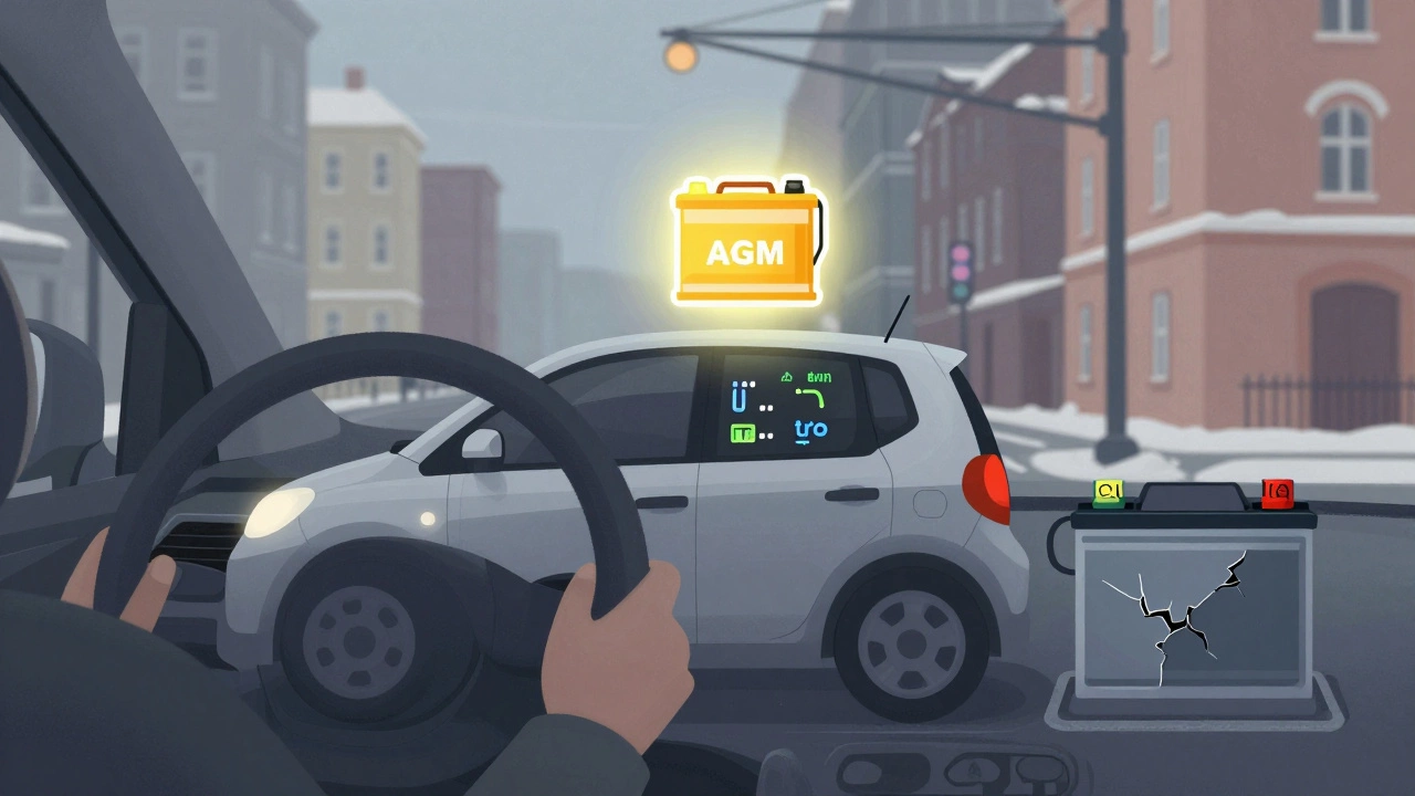 Городская машина на светофоре с системой Start-Stop и энергопотоком к электронике.