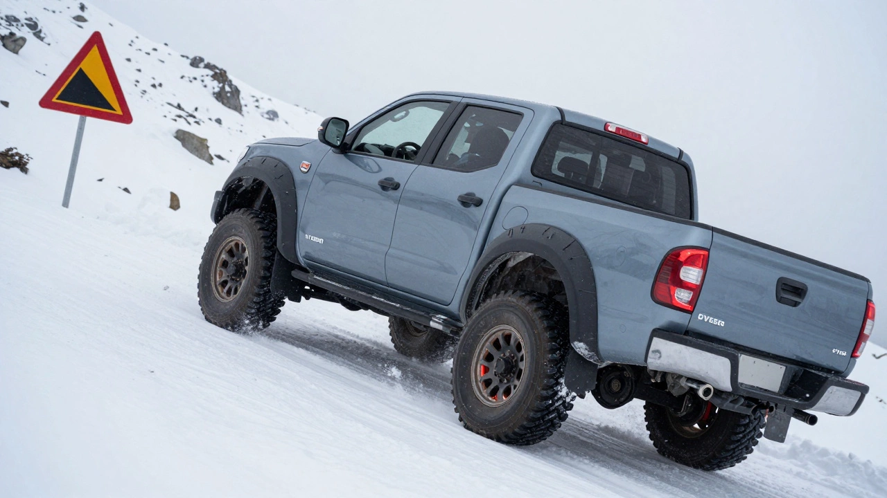 Грузовик на крутой снежной горной дороге с полу металлическими тормозными колодками, испытывающими высокую нагрузку.