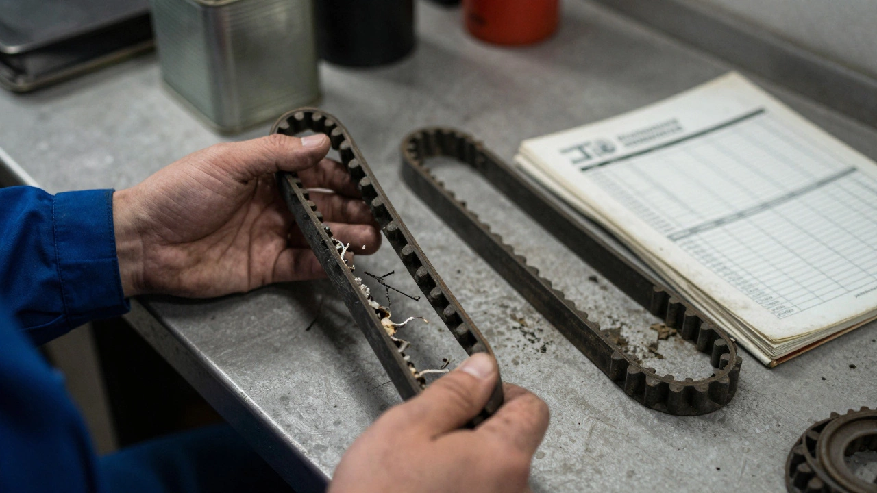 Изношенный и новый ремень ГРМ на рабочем столе механика