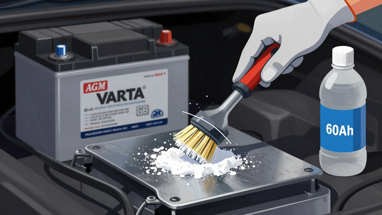 Механик чистит клеммы аккумулятора щёткой и содовым раствором в гараже.