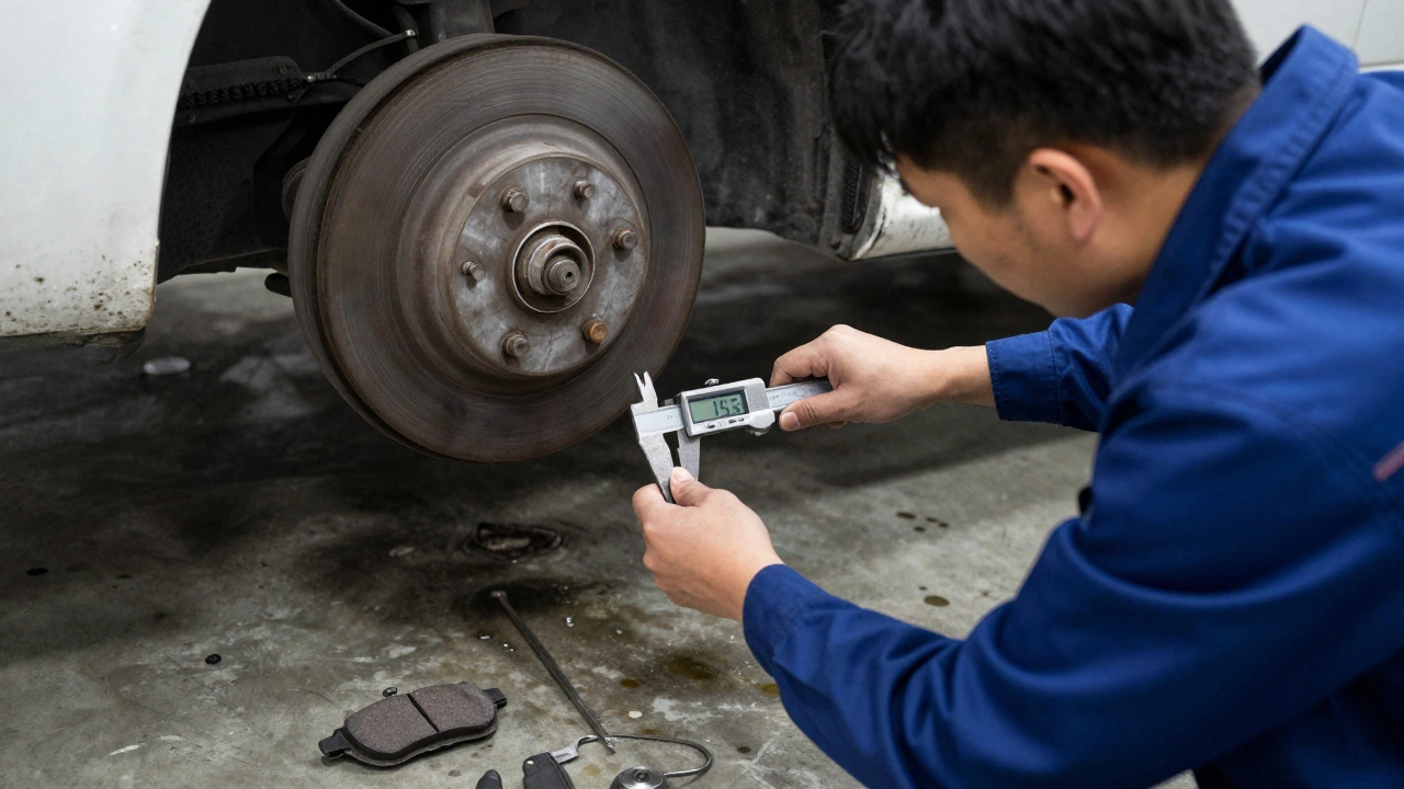 Механик измеряет толщину тормозных колодок цифровым калибром на поднятой машине.