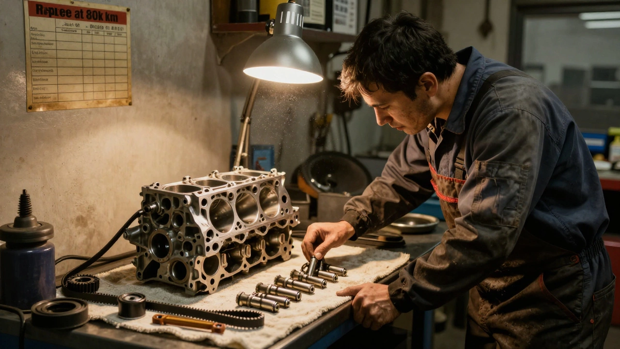 Механик осматривает погнутые клапаны и новый ремень ГРМ в автосервисе.