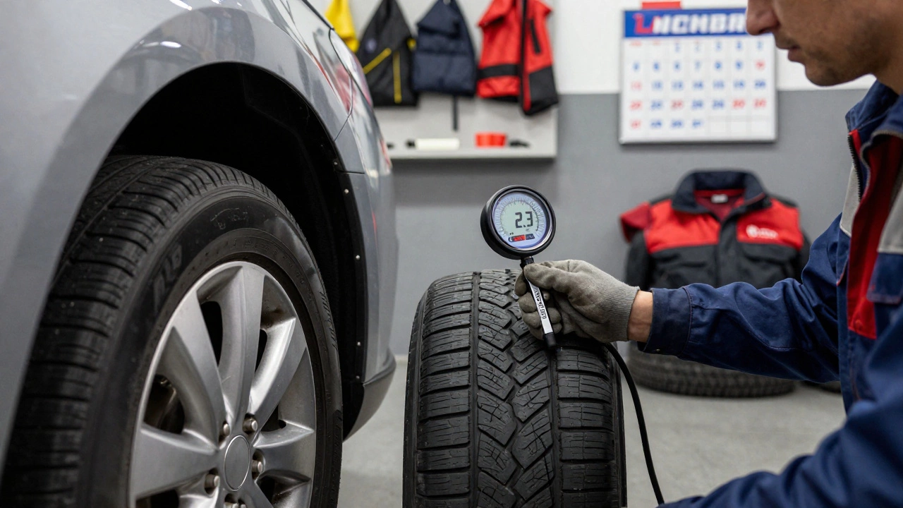 Механик проверяет давление и износ шин на автомобиле в гараже Екатеринбурга.