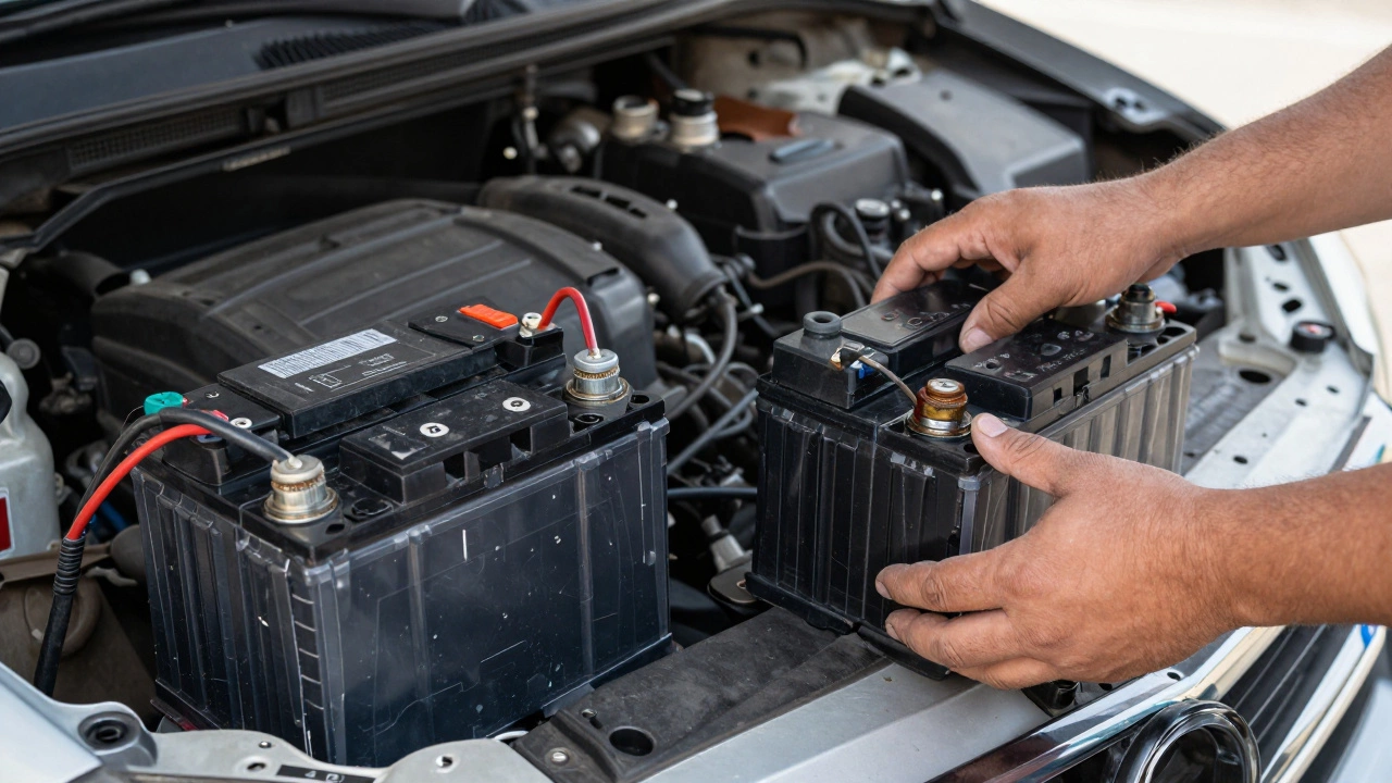 Механик снимает старый аккумулятор с правыми клеммами, рядом лежит новый с левыми, провода натянуты.