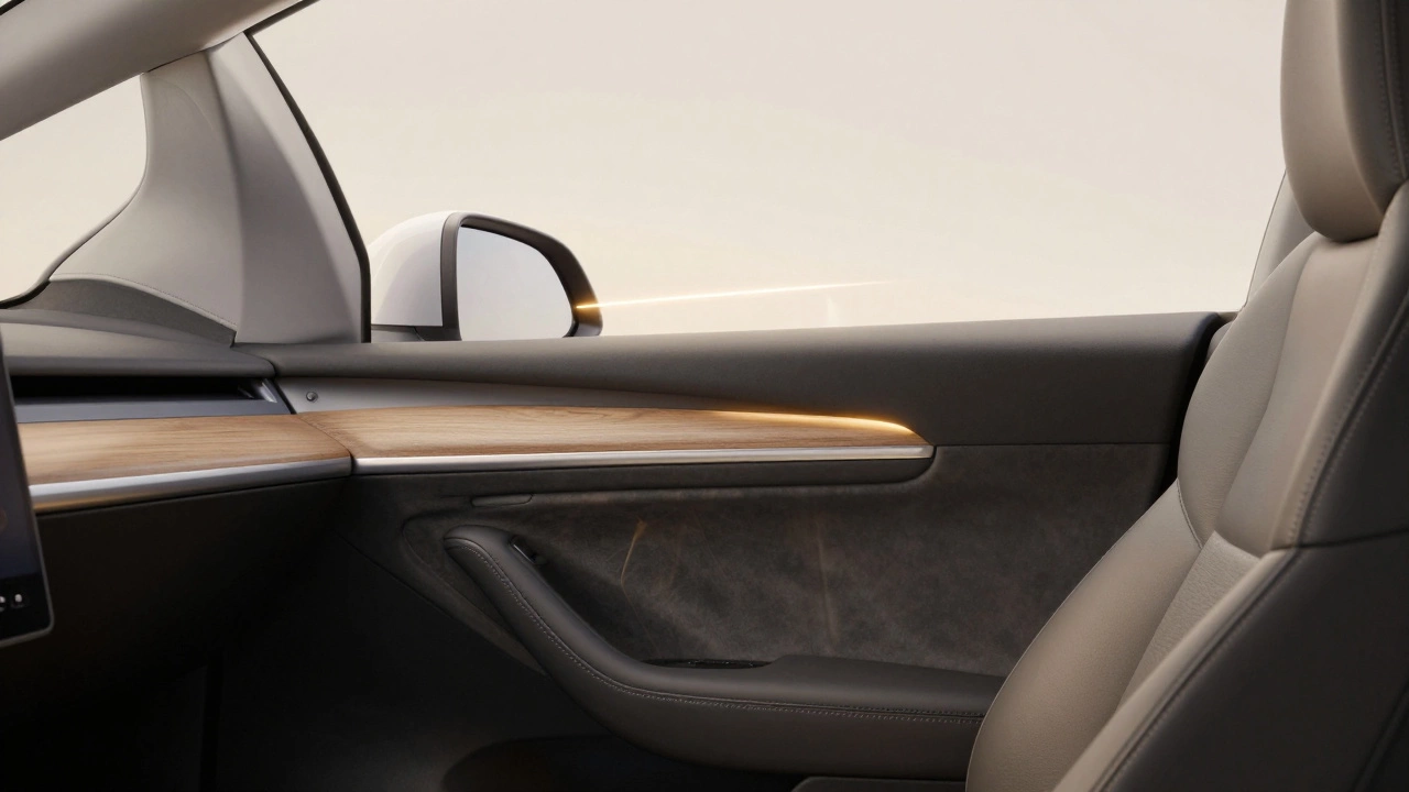 Минималистичный салон автомобиля с натуральным деревом и тёплой подсветкой, без лишних элементов.