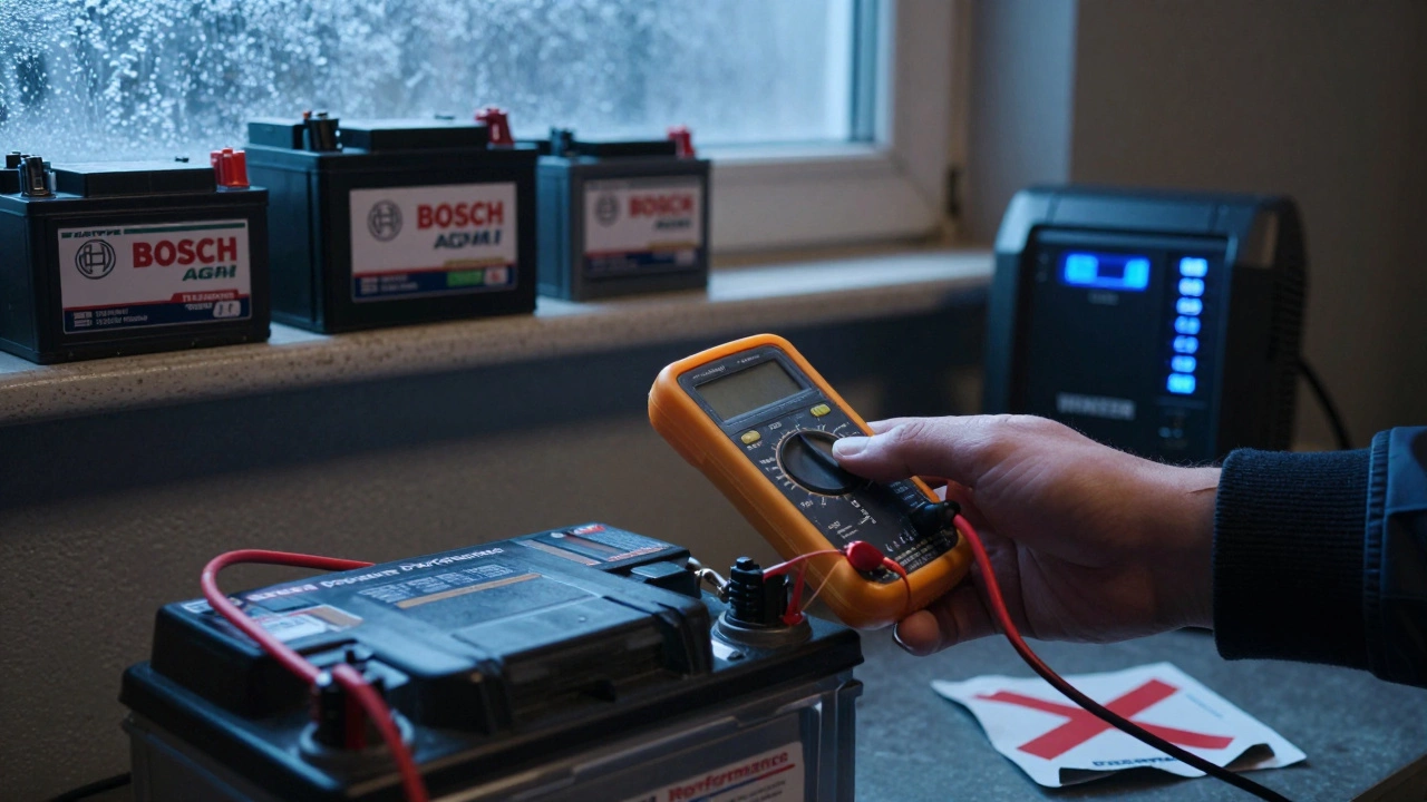 Рука измеряет напряжение аккумулятора в гараже, рядом зарядное устройство и бренды.