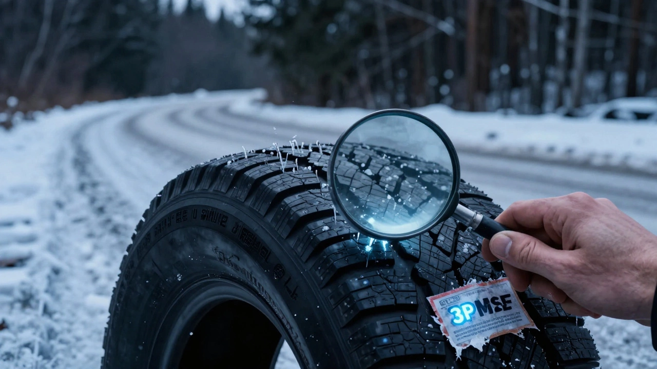 Рука с лупой рассматривает ламели шины, которые цепляются за лед.