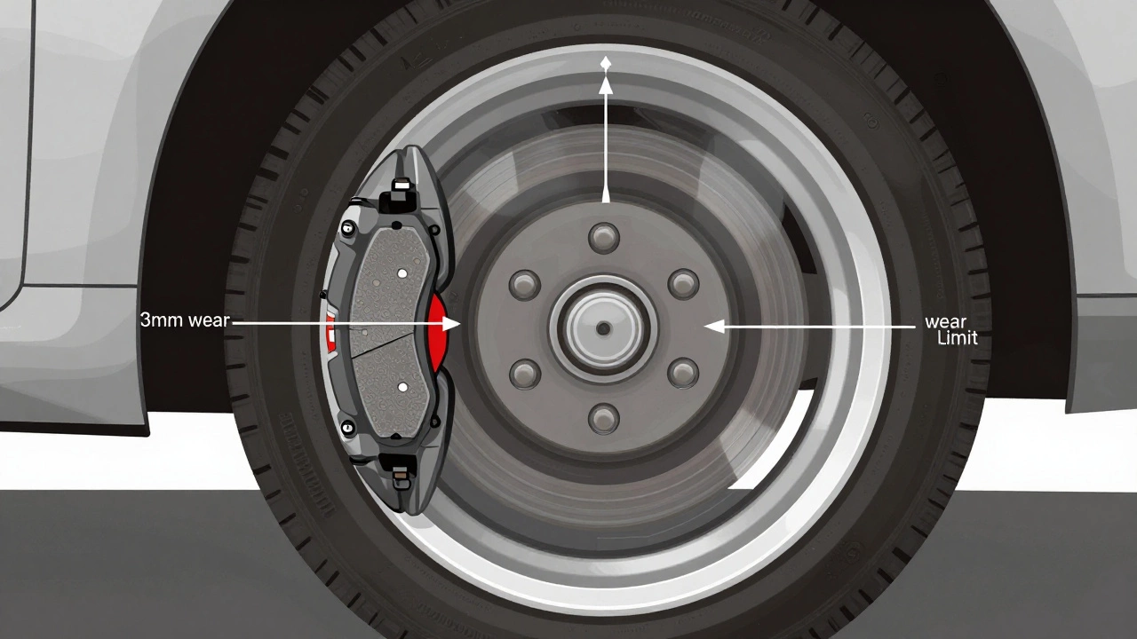 Схематичный разрез тормозной системы с указанием предельного износа колодки